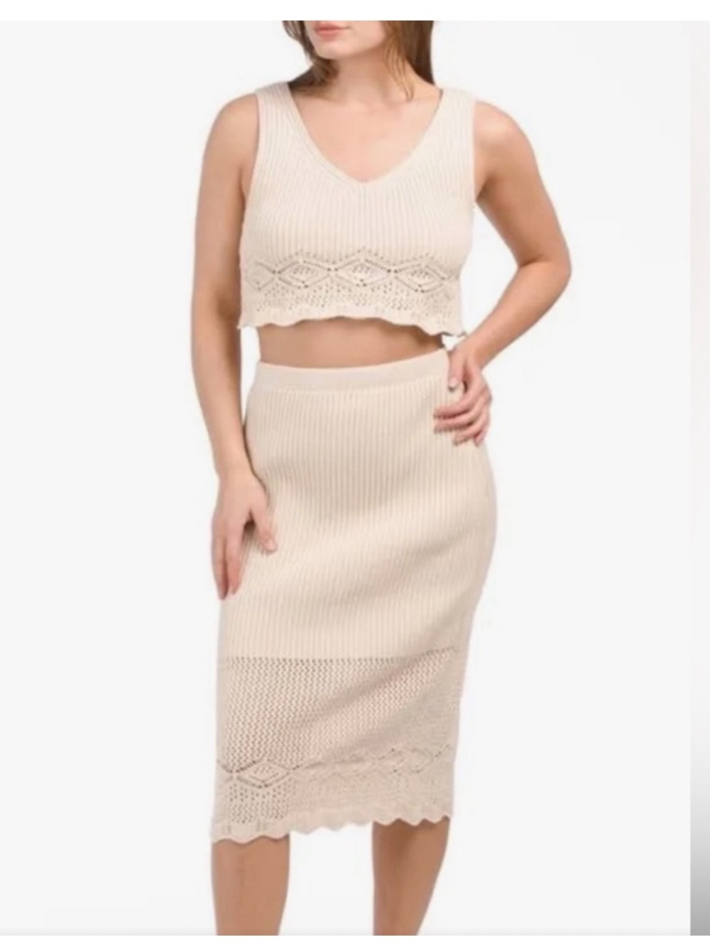 House of Harlow 1960 Cream Knit 2 Piece Set Crop Top Midi Skirt Boho S